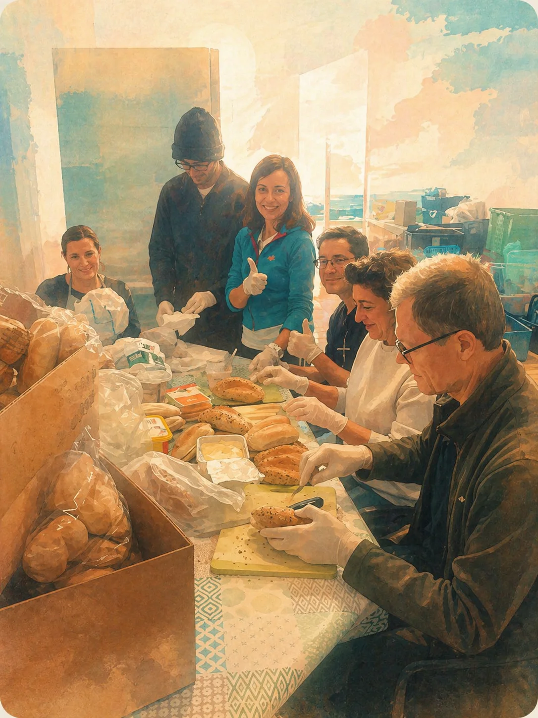 Voluntários da Portimão Soup Kitchen a preparar pão e sandes em conjunto